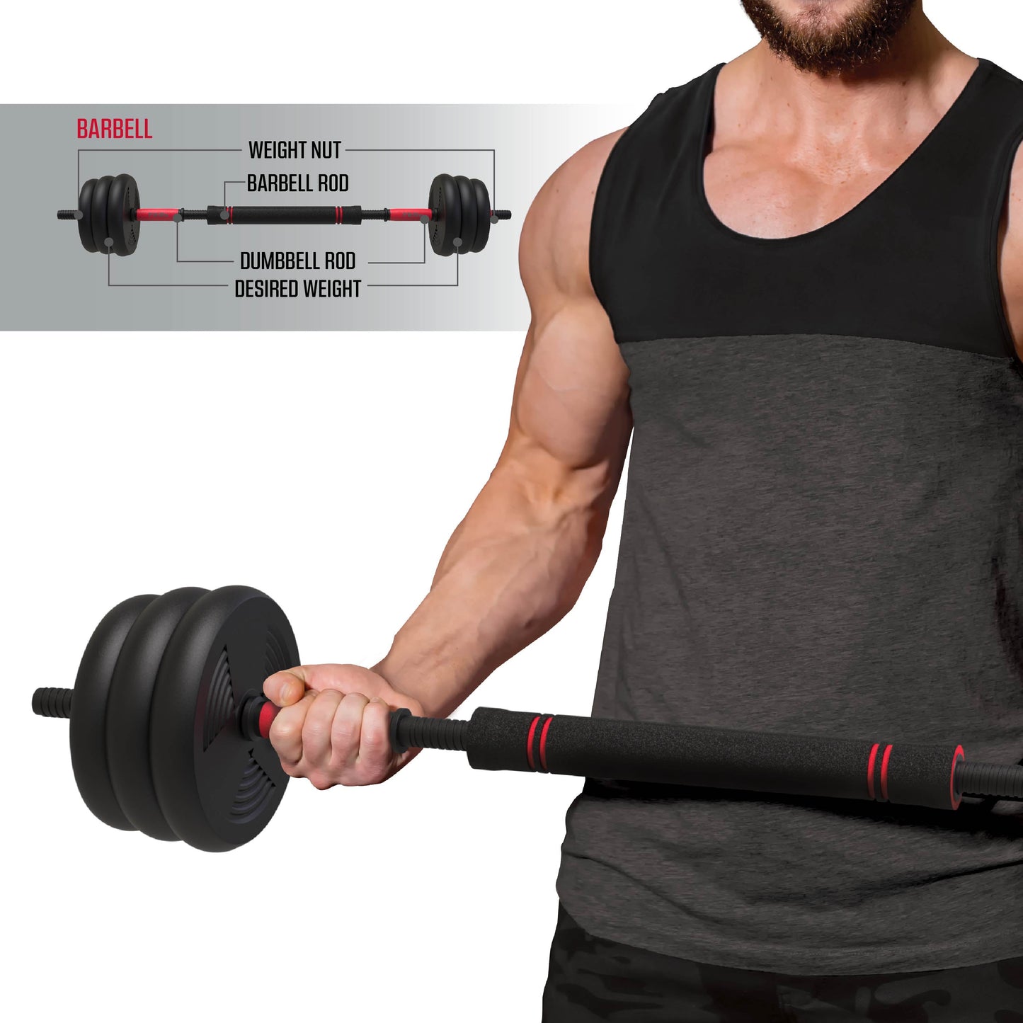 Smartbell 60 lbs 4-in-1 Adjustable Dumbbell, Barbell, and Kettlebell Weight Set in Black