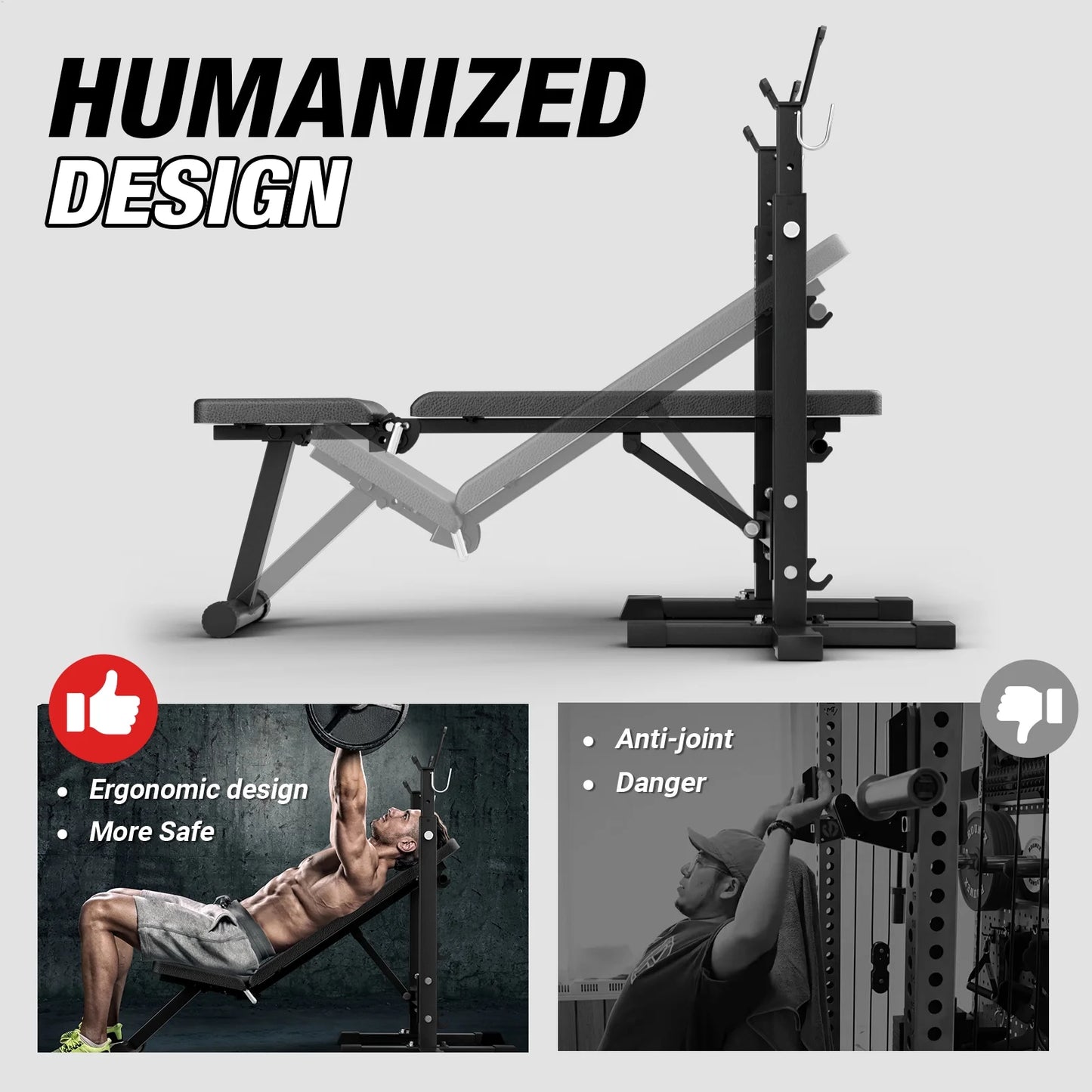 Adjustable Weight Bench, 660LBS Foldable Bench Press with Squat Rack, Multi-Functional Adjustable Flat Incline Bench for Chest, Shoulder Home Gym Equipment, Black