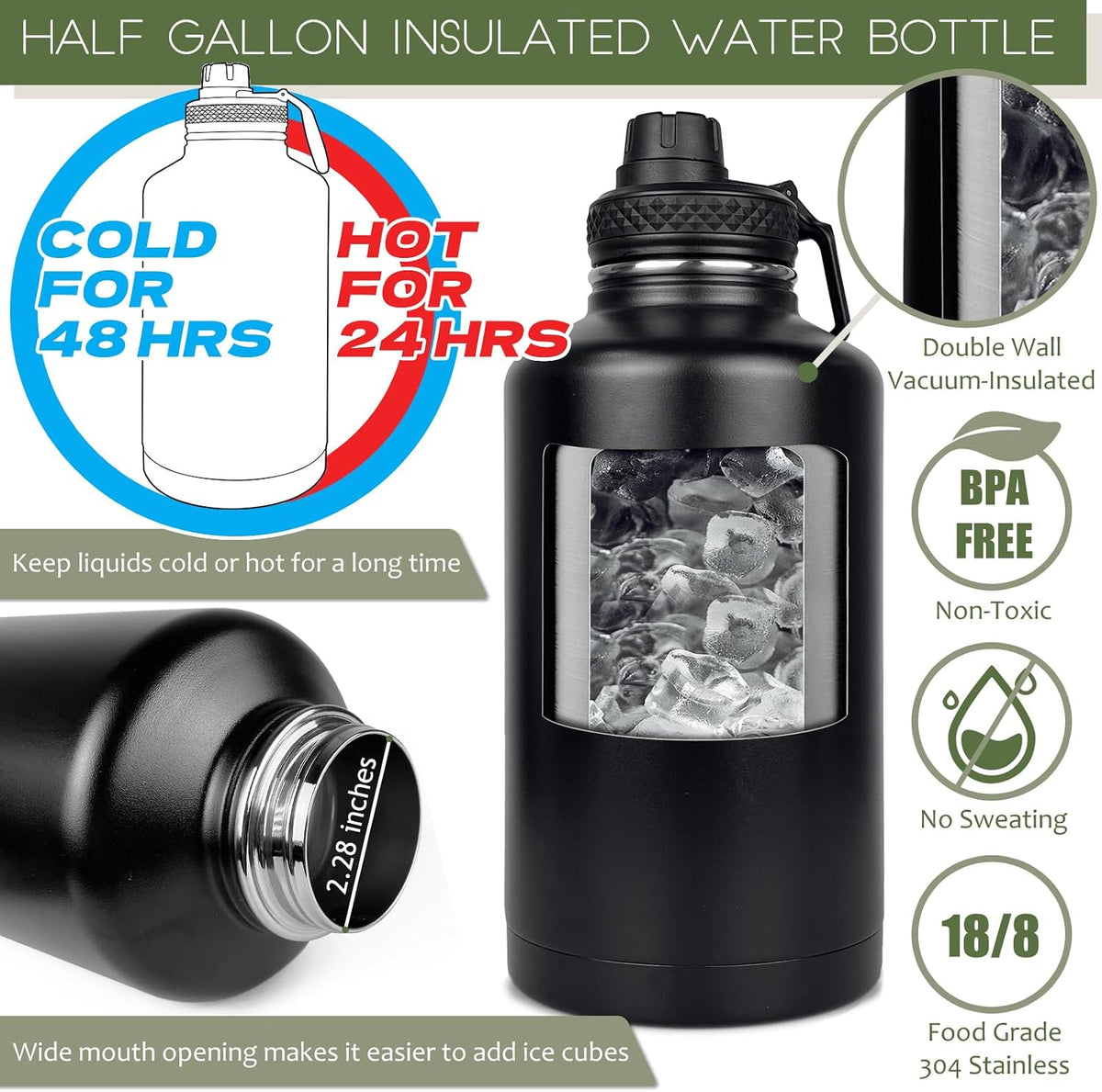 64 Oz Water Bottle Gym Water Bottles for Men Half Gallon Insulated Water Jug with Sleeve and Strap Stainless Steel Large Sports Bottle Workout Hiking All Black