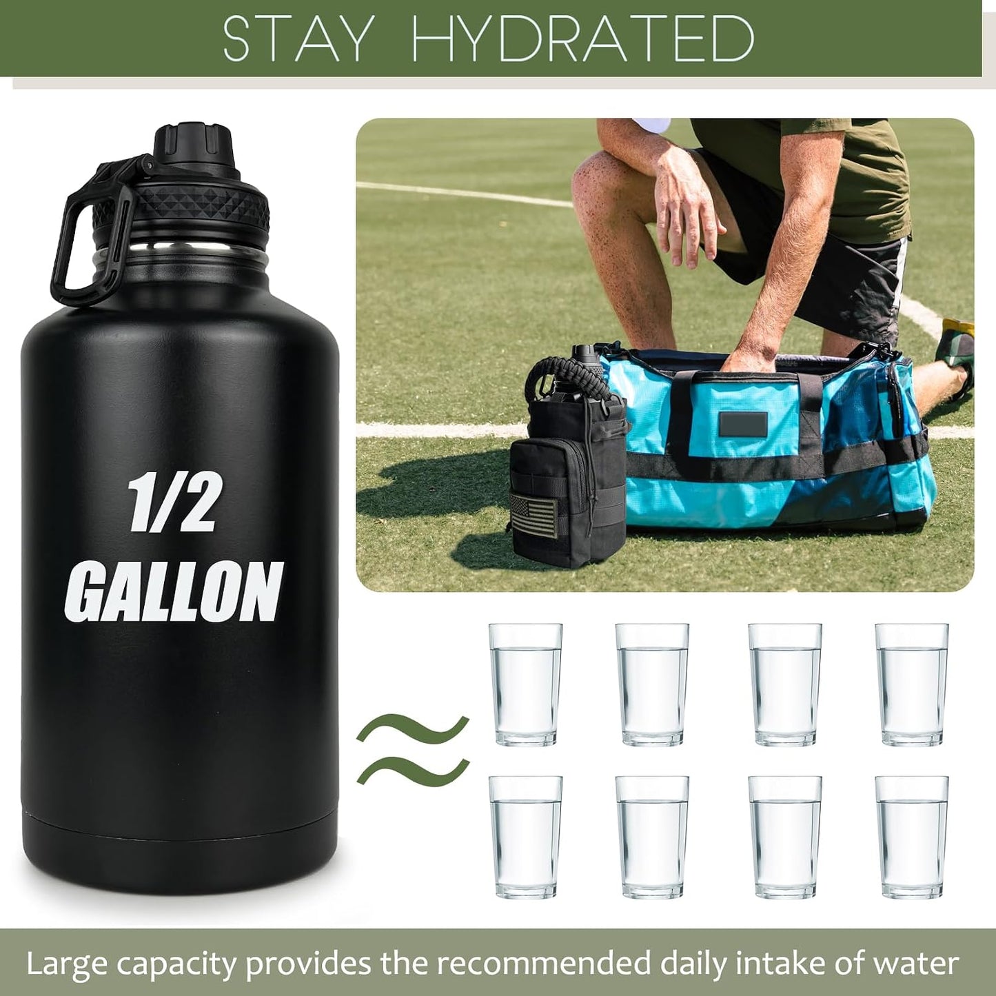 64 Oz Water Bottle Gym Water Bottles for Men Half Gallon Insulated Water Jug with Sleeve and Strap Stainless Steel Large Sports Bottle Workout Hiking All Black