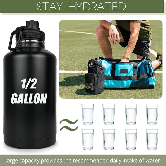64 Oz Water Bottle Gym Water Bottles for Men Half Gallon Insulated Water Jug with Sleeve and Strap Stainless Steel Large Sports Bottle Workout Hiking All Black