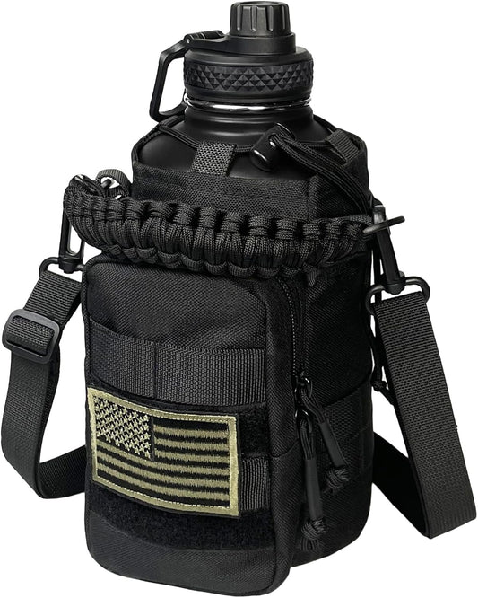64 Oz Water Bottle Gym Water Bottles for Men Half Gallon Insulated Water Jug with Sleeve and Strap Stainless Steel Large Sports Bottle Workout Hiking All Black