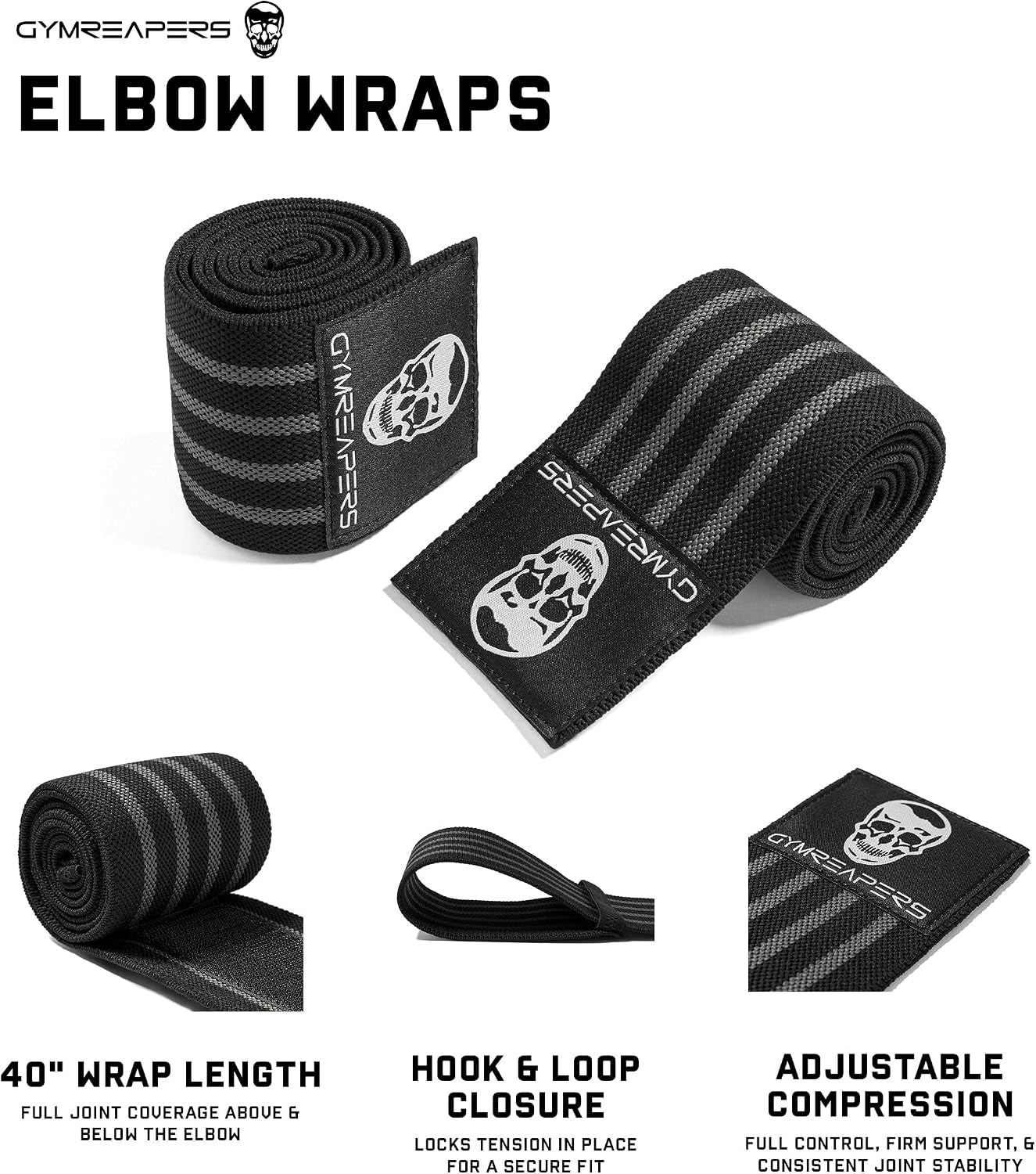 Weightlifting Elbow Wraps (1 Pair) - Flexible 40'' Elbow Compression Strap & Joint Support Brace - for Bench Press, Powerlifting, and Pressing